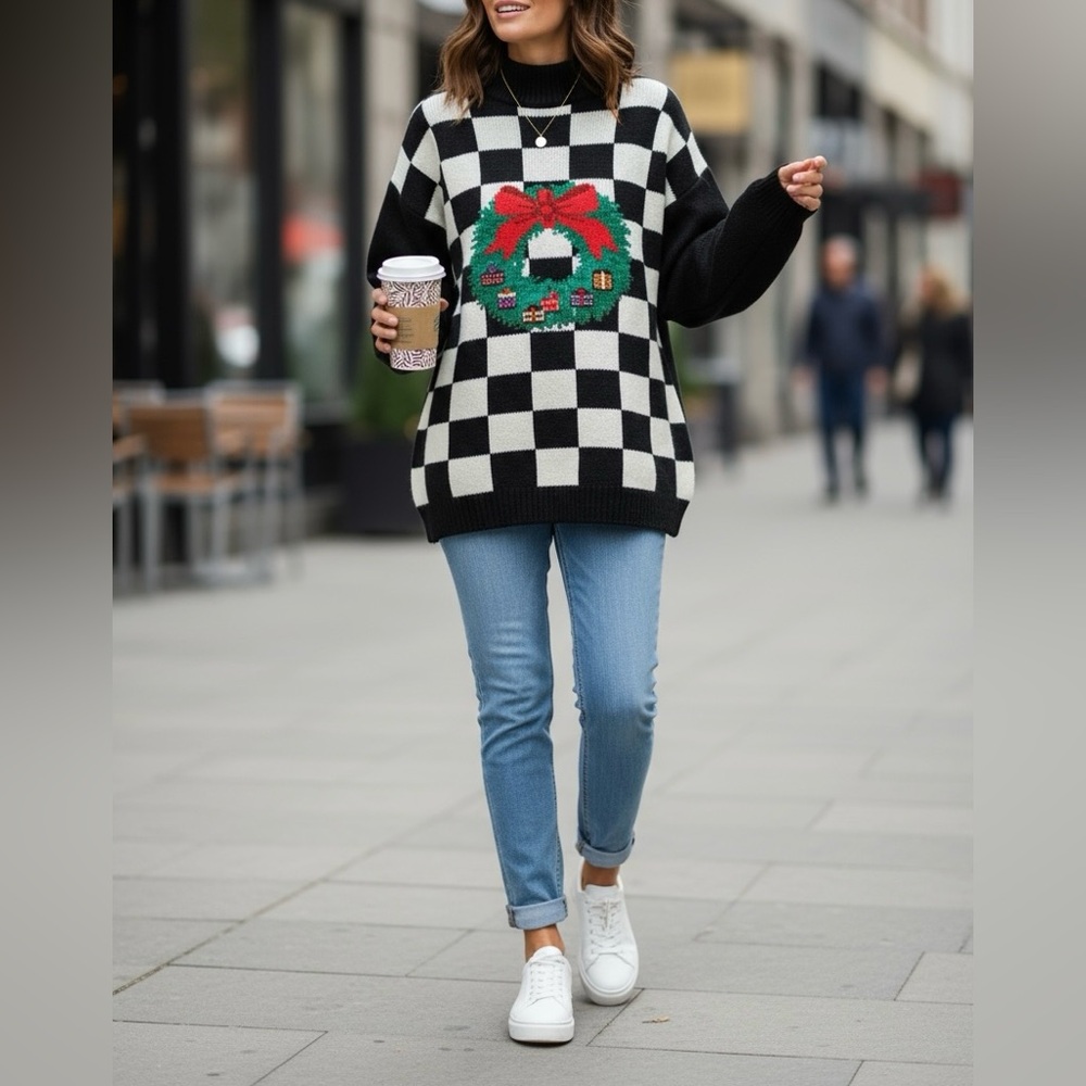 Vintage‎ Lauren Grey Black And White Checkered Christmas Wreath Sweater M